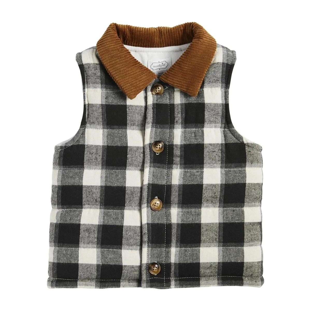 Black and White Buffalo Plaid Flannel Vest with Corduroy Collar | 24M/2T-3T 4T-5T
