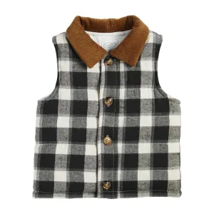 Black and White Buffalo Plaid Flannel Vest with Corduroy Collar | 24M/2T-3T 4T-5T