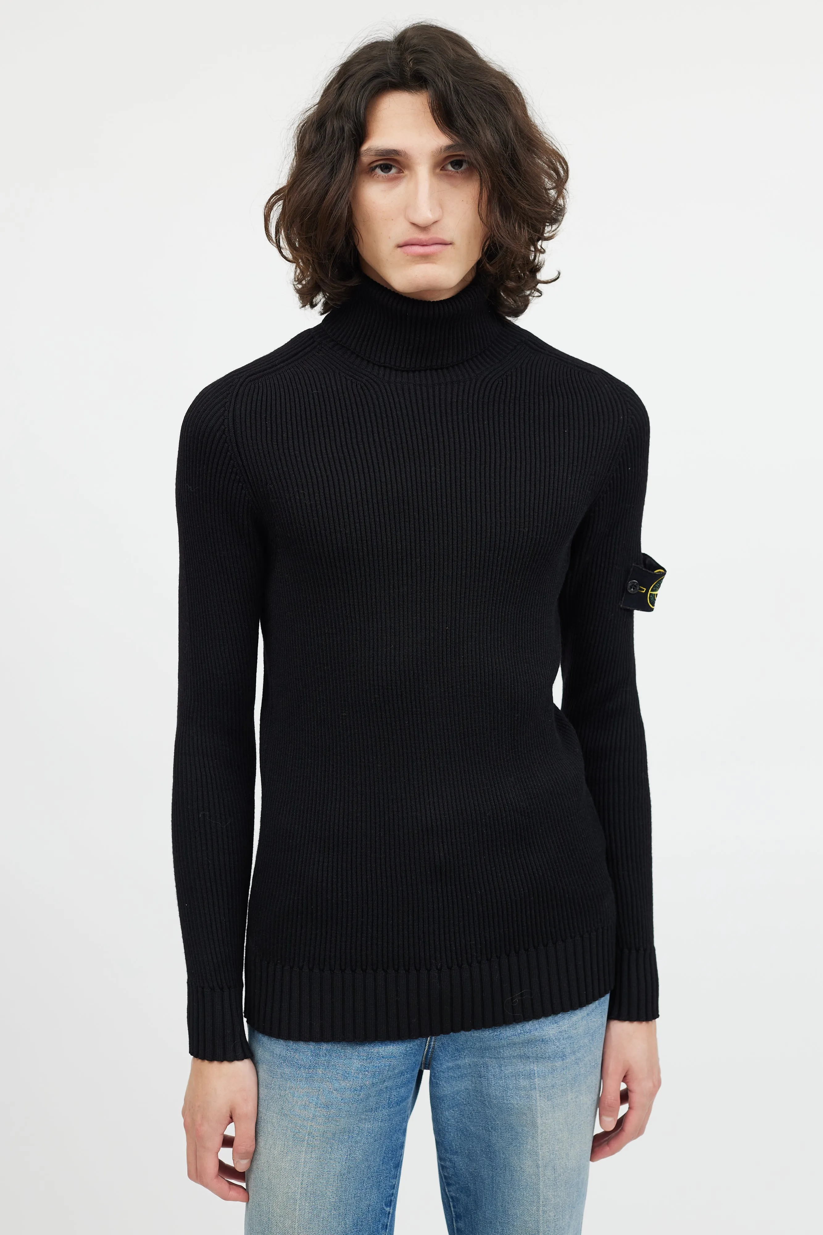 Black Ribbed Wool Turtleneck Patch Sweater