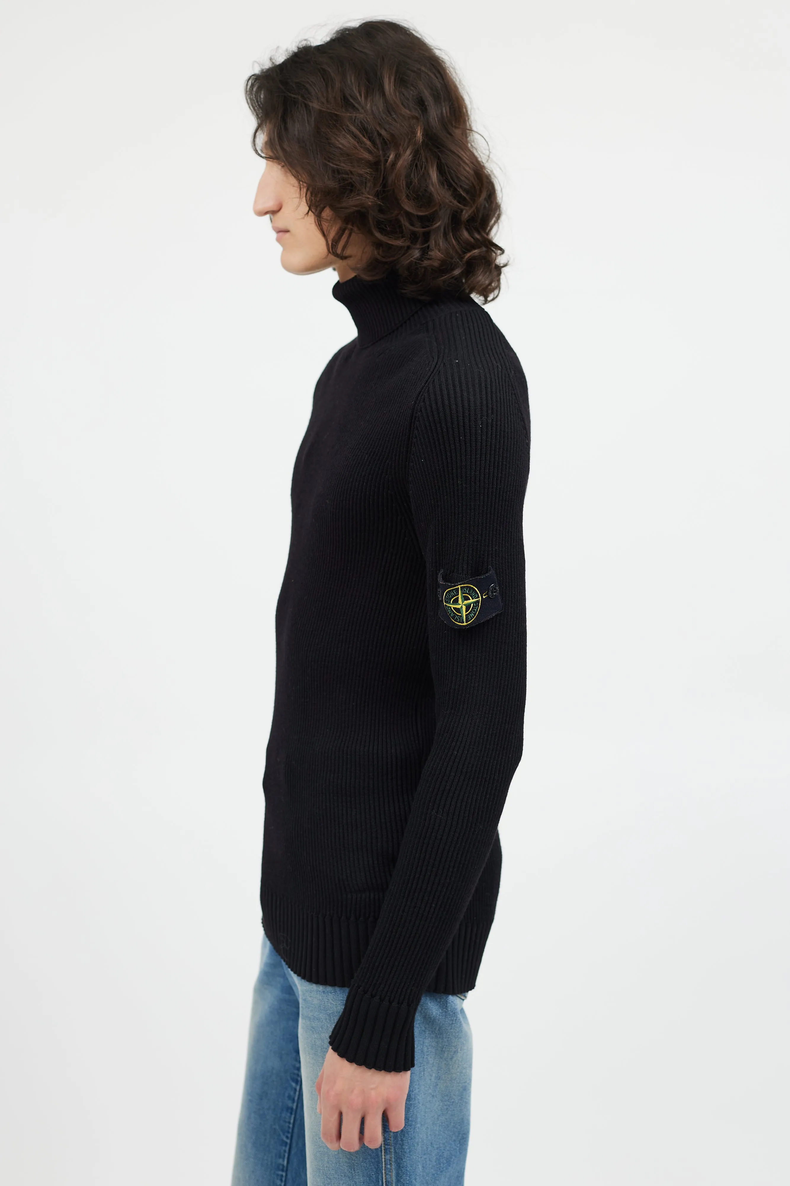 Black Ribbed Wool Turtleneck Patch Sweater