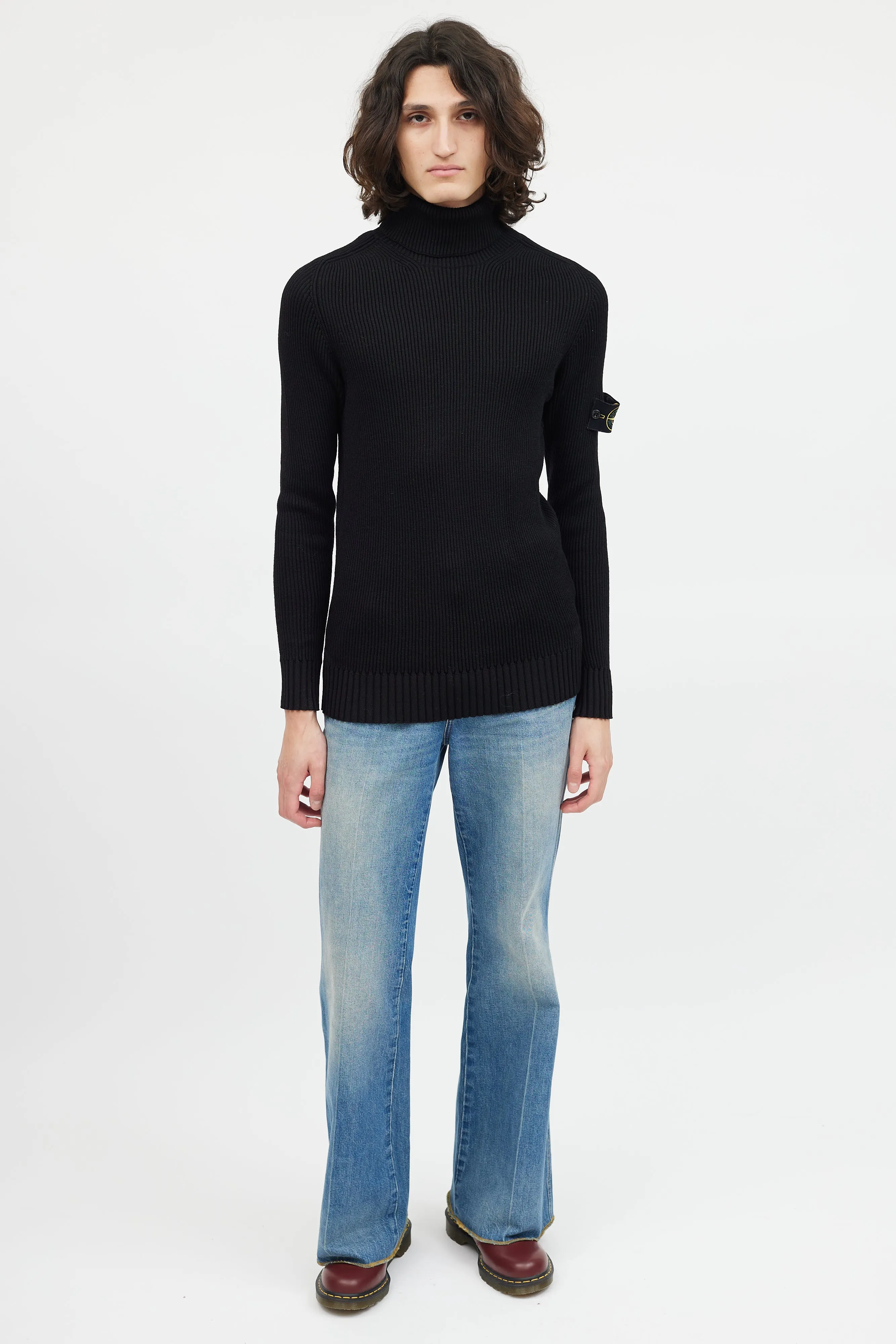 Black Ribbed Wool Turtleneck Patch Sweater