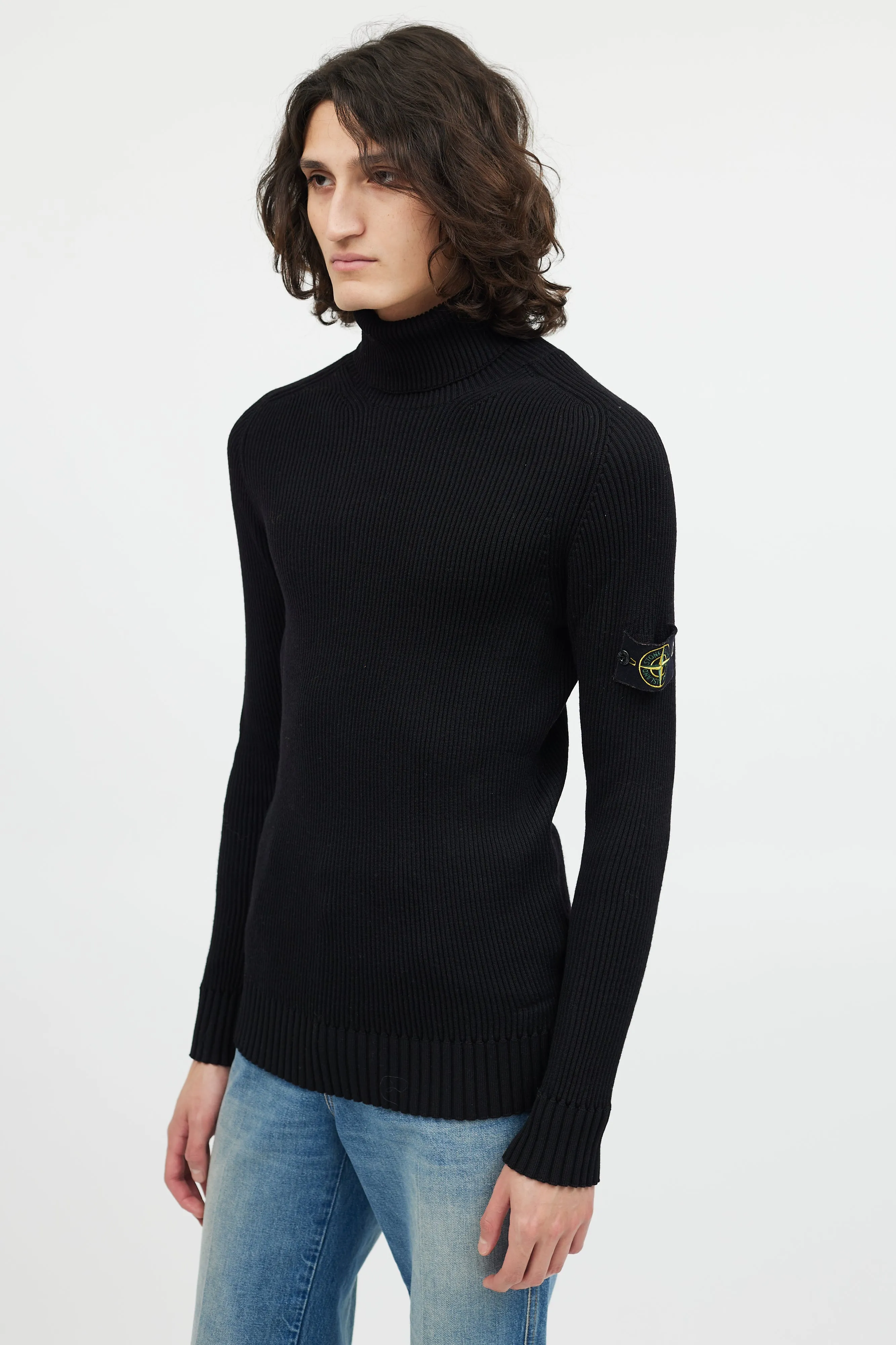 Black Ribbed Wool Turtleneck Patch Sweater