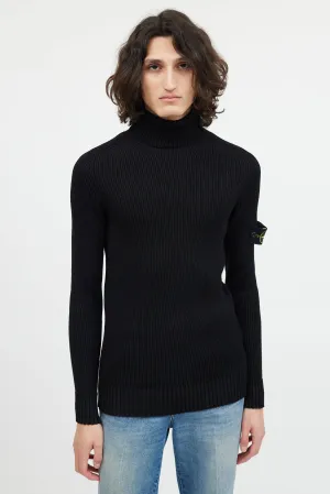 Black Ribbed Wool Turtleneck Patch Sweater