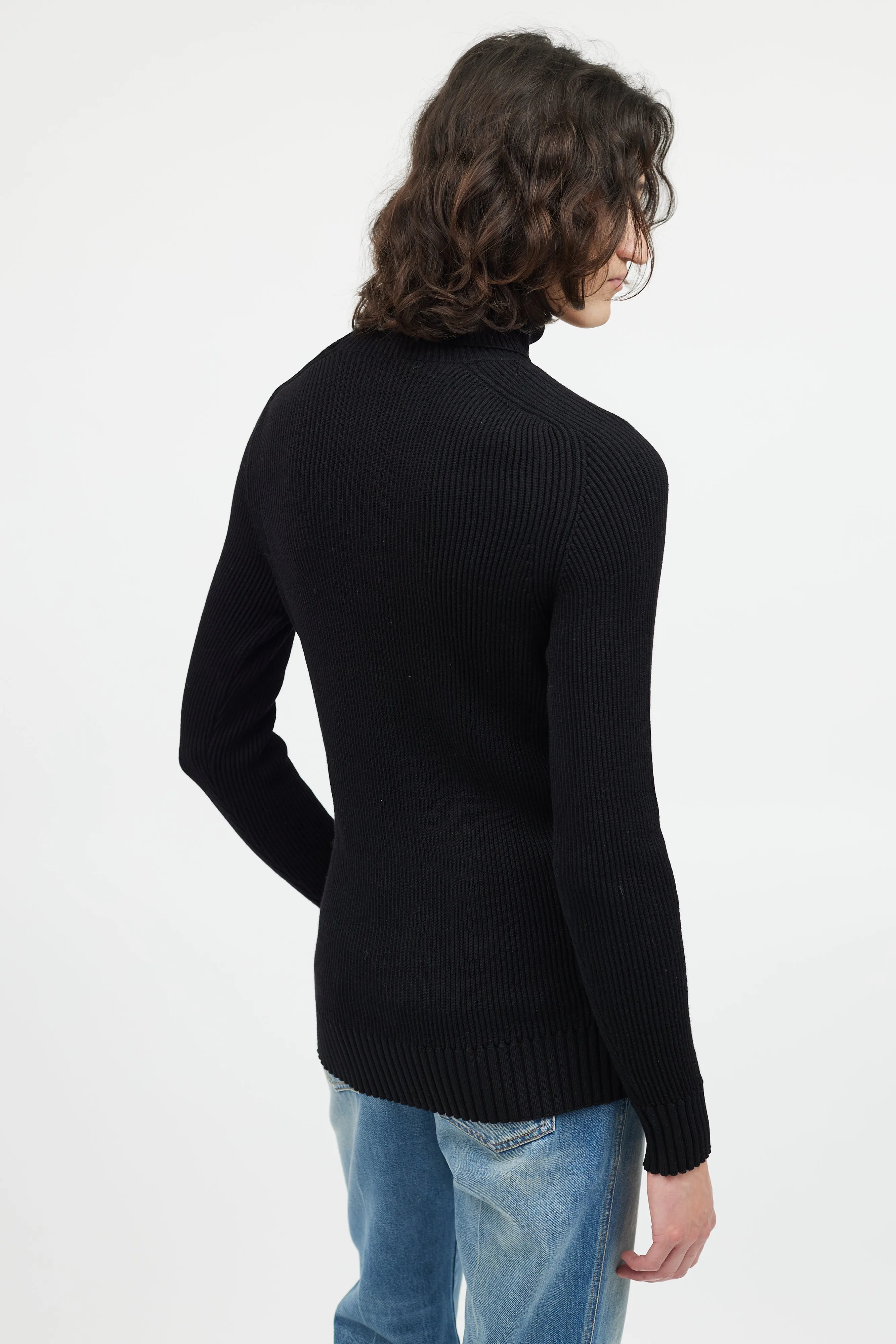 Black Ribbed Wool Turtleneck Patch Sweater