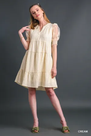 Cream Crinkle Tiered Dress w/ Mesh Sleeves