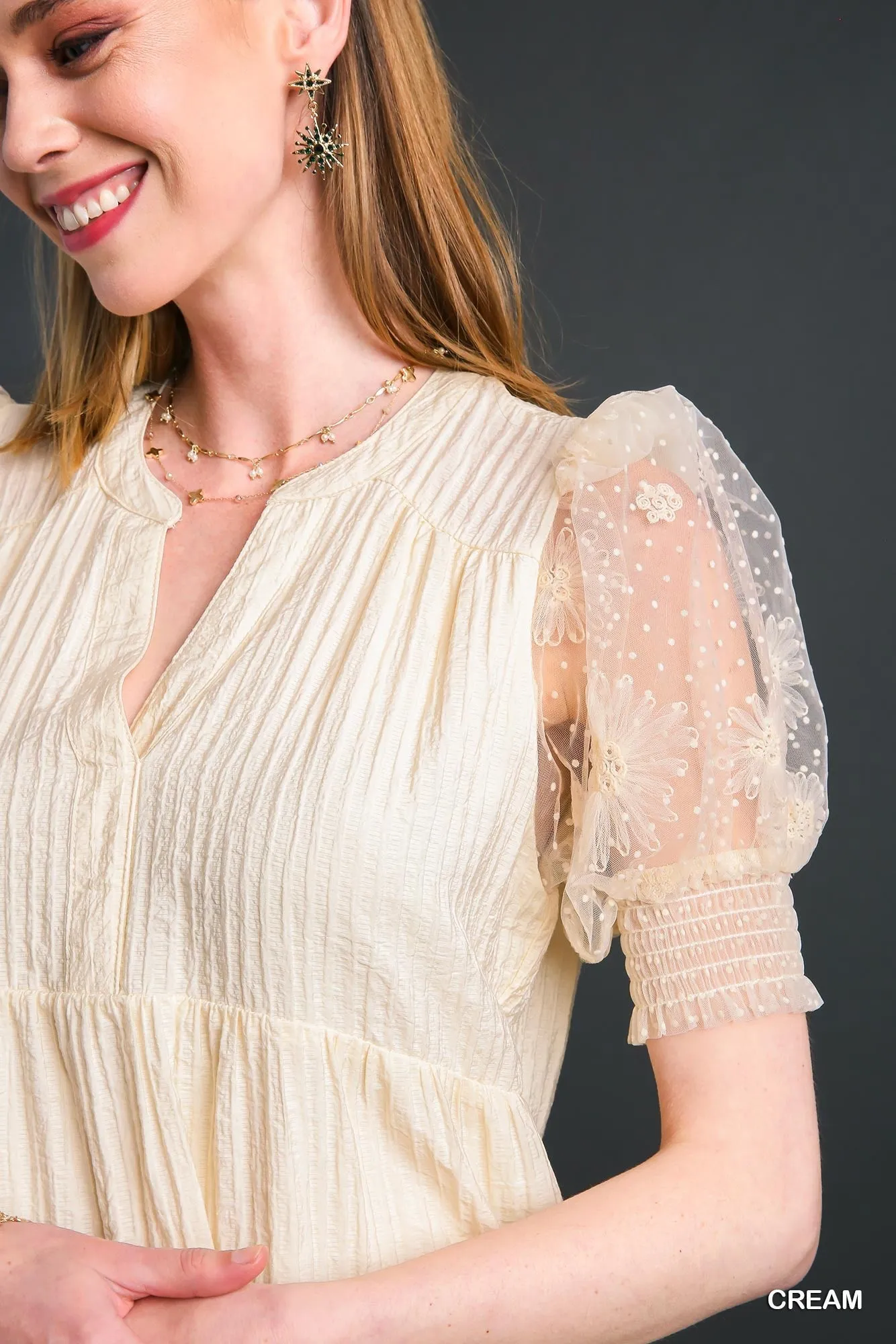 Cream Crinkle Tiered Dress w/ Mesh Sleeves