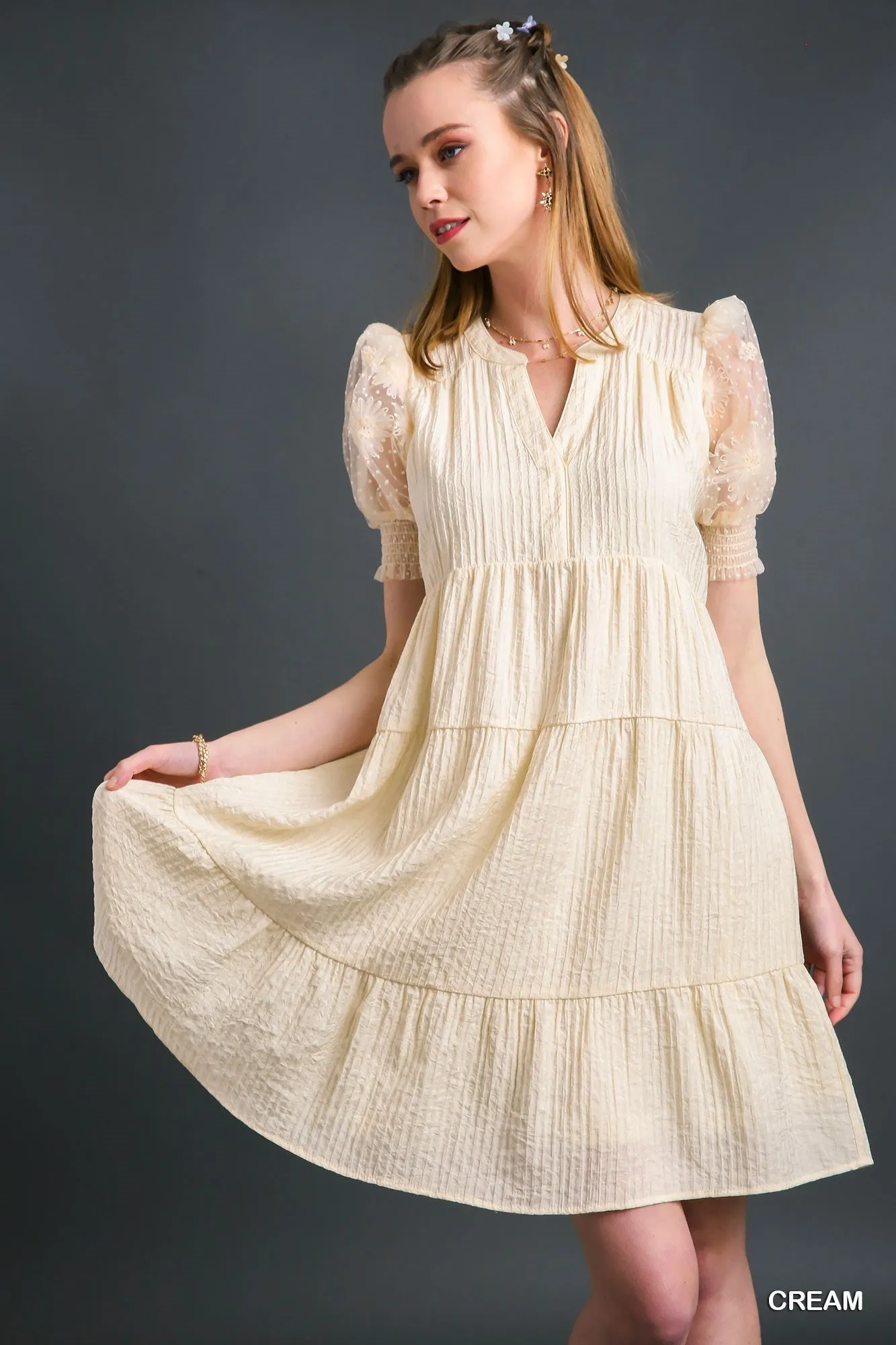 Cream Crinkle Tiered Dress w/ Mesh Sleeves