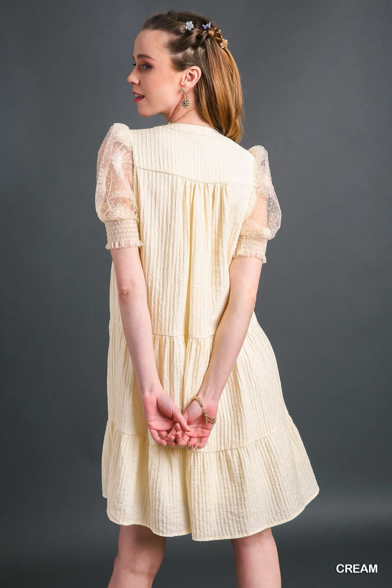 Cream Crinkle Tiered Dress w/ Mesh Sleeves