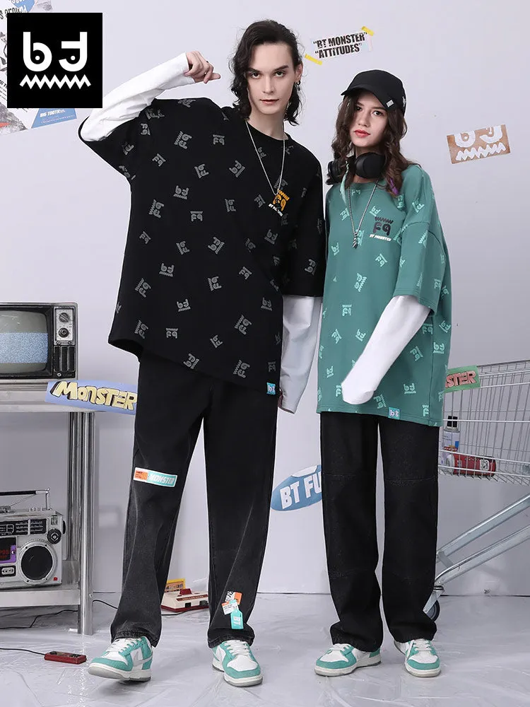 Fake two pieces of cotton sweatshirt with different materials and colors full of graffiti drop sleeves