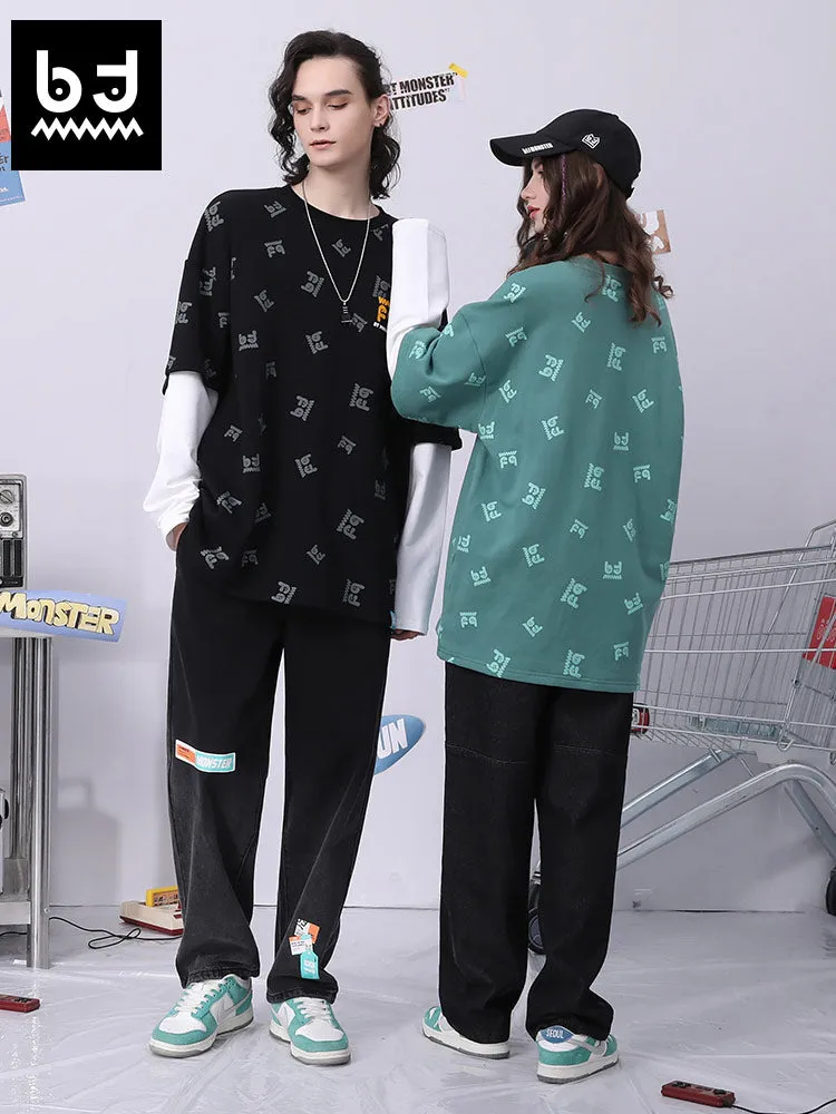 Fake two pieces of cotton sweatshirt with different materials and colors full of graffiti drop sleeves