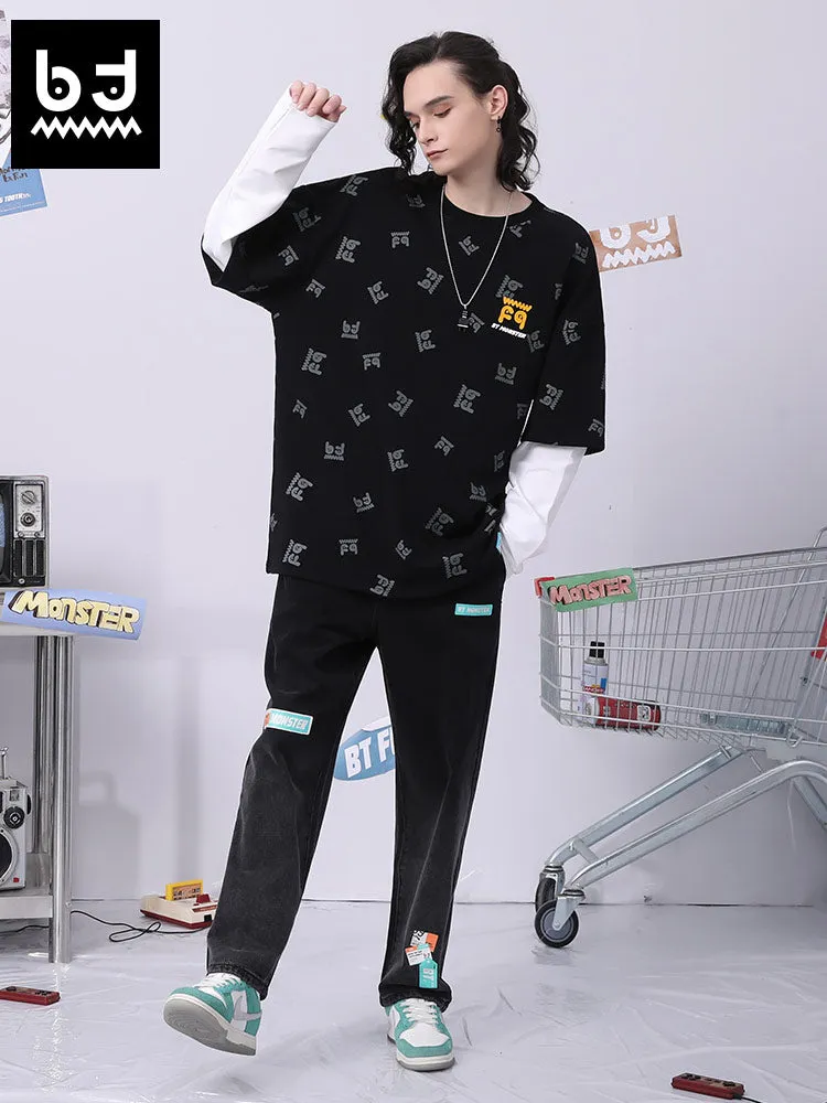 Fake two pieces of cotton sweatshirt with different materials and colors full of graffiti drop sleeves