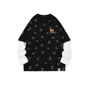 Fake two pieces of cotton sweatshirt with different materials and colors full of graffiti drop sleeves