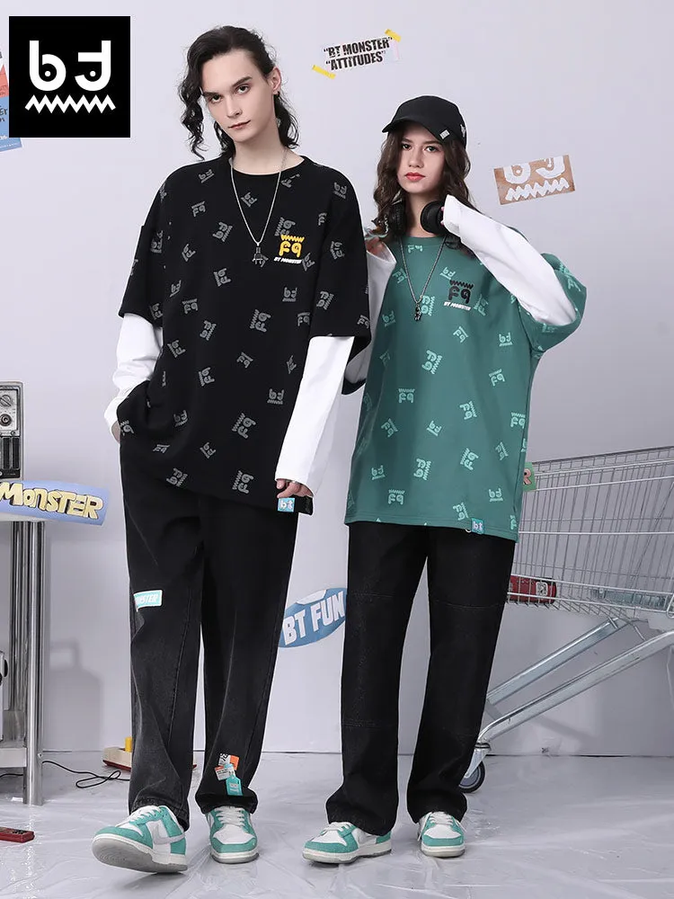 Fake two pieces of cotton sweatshirt with different materials and colors full of graffiti drop sleeves