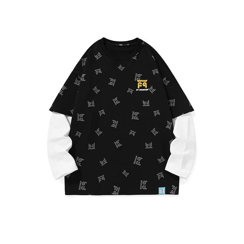 Fake two pieces of cotton sweatshirt with different materials and colors full of graffiti drop sleeves