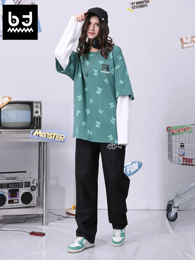 Fake two pieces of cotton sweatshirt with different materials and colors full of graffiti drop sleeves