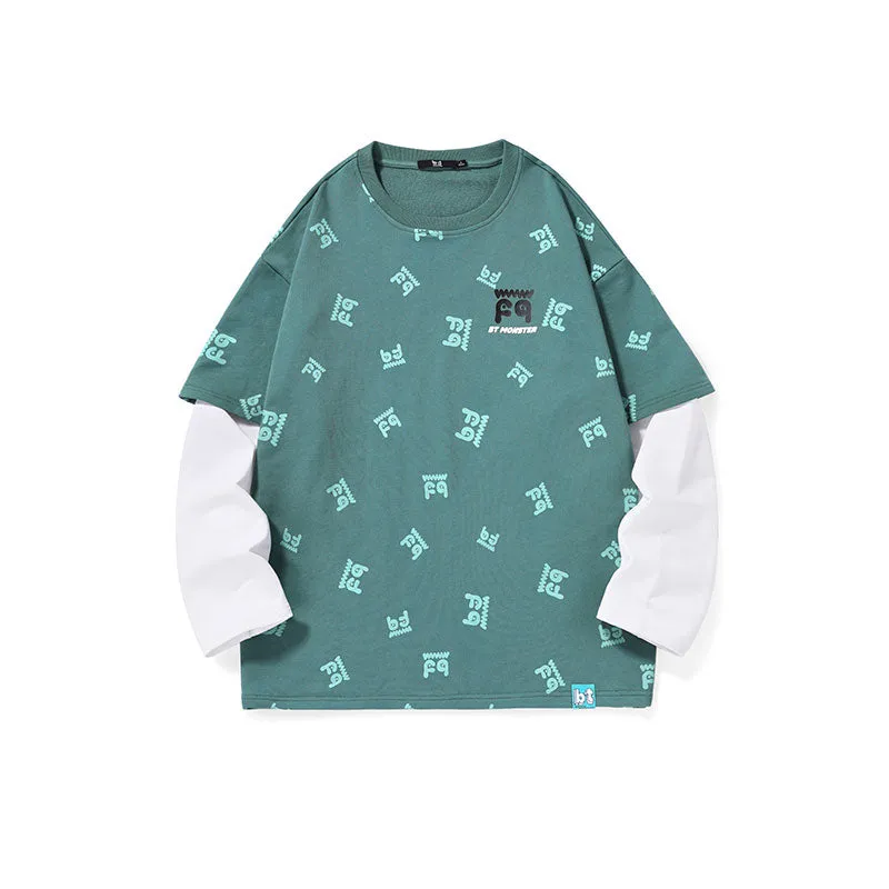 Fake two pieces of cotton sweatshirt with different materials and colors full of graffiti drop sleeves