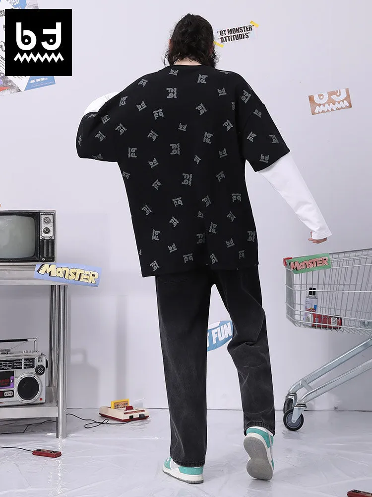 Fake two pieces of cotton sweatshirt with different materials and colors full of graffiti drop sleeves