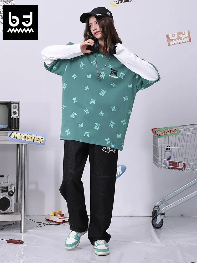 Fake two pieces of cotton sweatshirt with different materials and colors full of graffiti drop sleeves