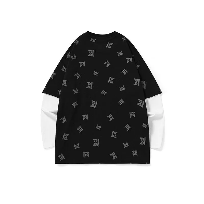 Fake two pieces of cotton sweatshirt with different materials and colors full of graffiti drop sleeves