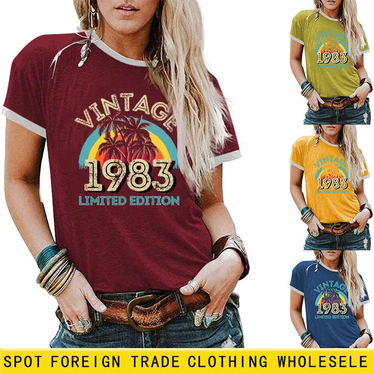 Fashion Vintage 1983 Coconut Tree Pattern Casual Round Neck Short Sleeve Women T-shirt
