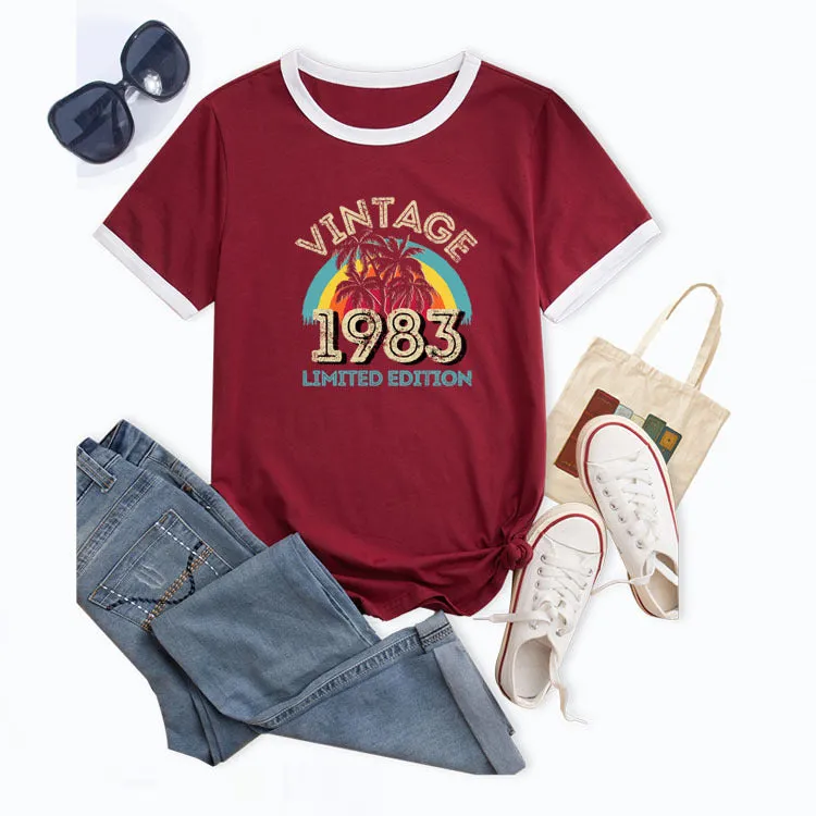 Fashion Vintage 1983 Coconut Tree Pattern Casual Round Neck Short Sleeve Women T-shirt