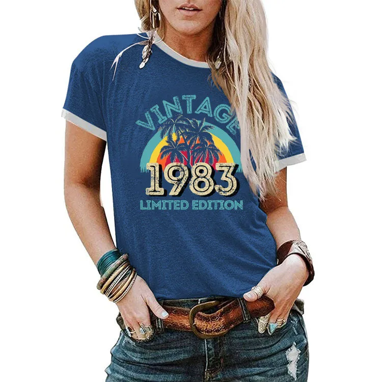 Fashion Vintage 1983 Coconut Tree Pattern Casual Round Neck Short Sleeve Women T-shirt