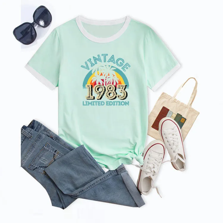 Fashion Vintage 1983 Coconut Tree Pattern Casual Round Neck Short Sleeve Women T-shirt