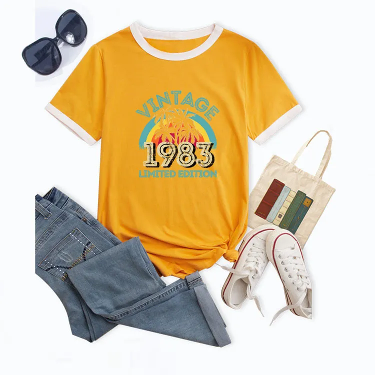 Fashion Vintage 1983 Coconut Tree Pattern Casual Round Neck Short Sleeve Women T-shirt
