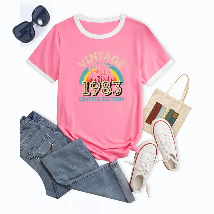 Fashion Vintage 1983 Coconut Tree Pattern Casual Round Neck Short Sleeve Women T-shirt
