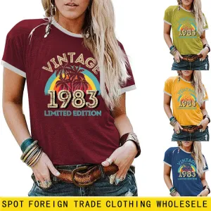 Fashion Vintage 1983 Coconut Tree Pattern Casual Round Neck Short Sleeve Women T-shirt