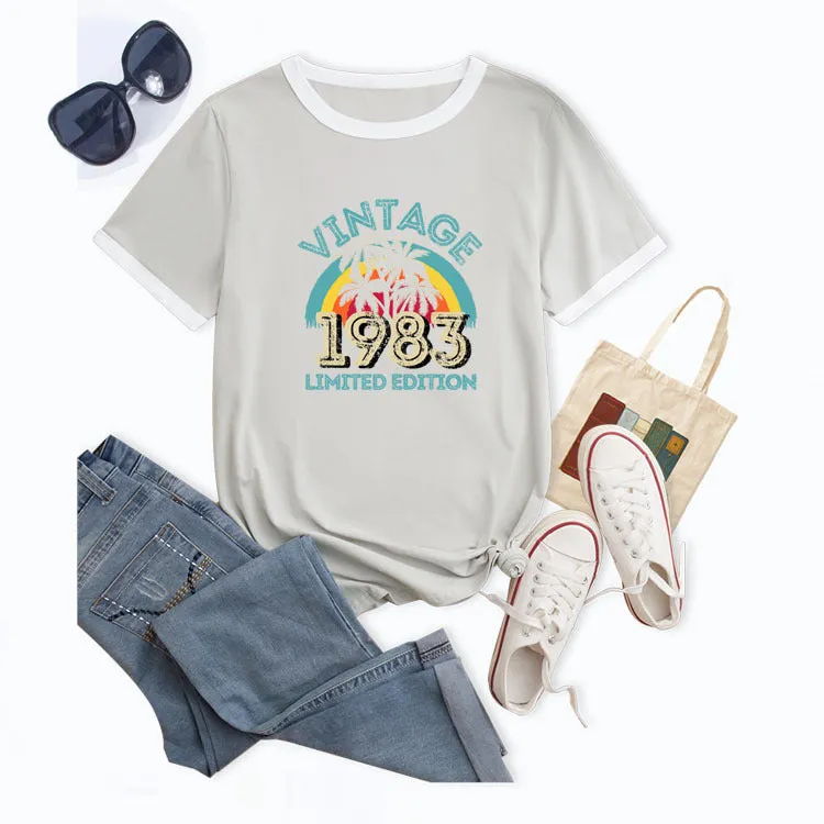 Fashion Vintage 1983 Coconut Tree Pattern Casual Round Neck Short Sleeve Women T-shirt