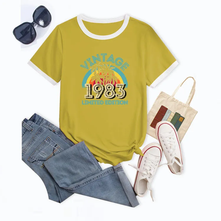 Fashion Vintage 1983 Coconut Tree Pattern Casual Round Neck Short Sleeve Women T-shirt
