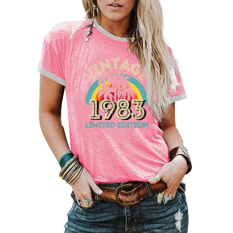Fashion Vintage 1983 Coconut Tree Pattern Casual Round Neck Short Sleeve Women T-shirt