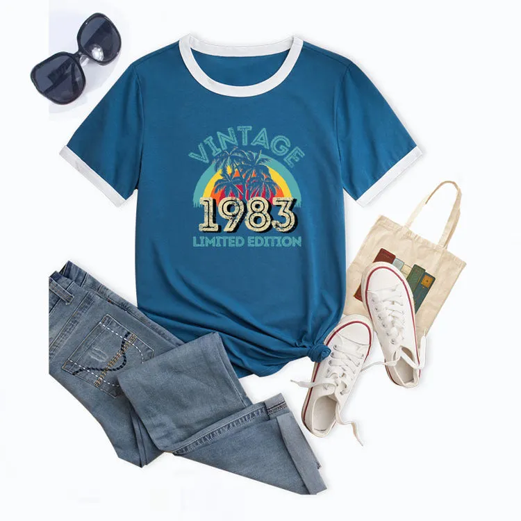 Fashion Vintage 1983 Coconut Tree Pattern Casual Round Neck Short Sleeve Women T-shirt