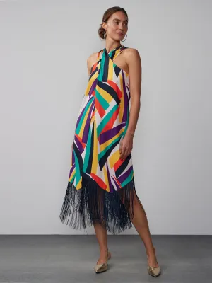 Geometric Print Fringe Hem Halter Dress