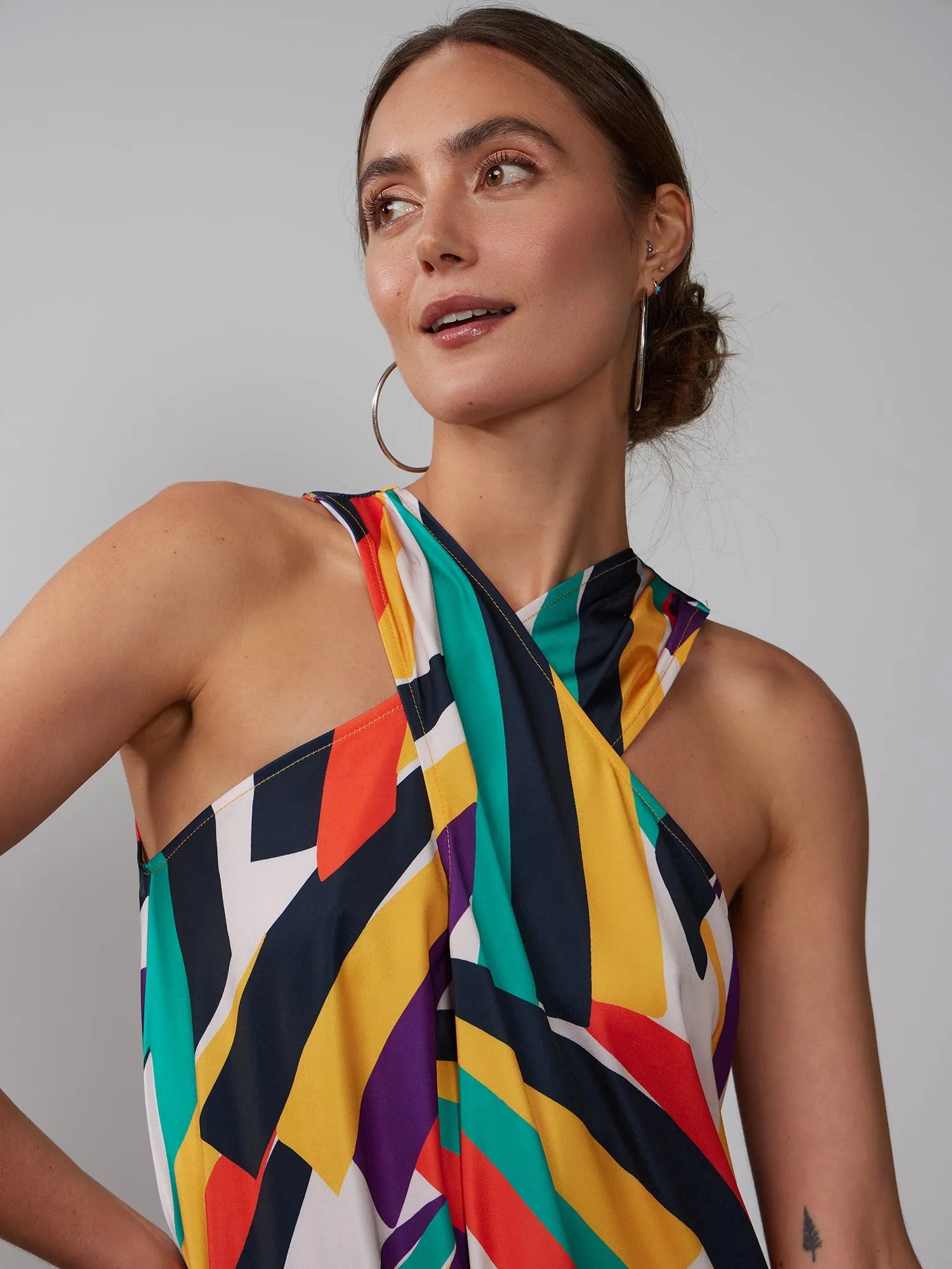Geometric Print Fringe Hem Halter Dress