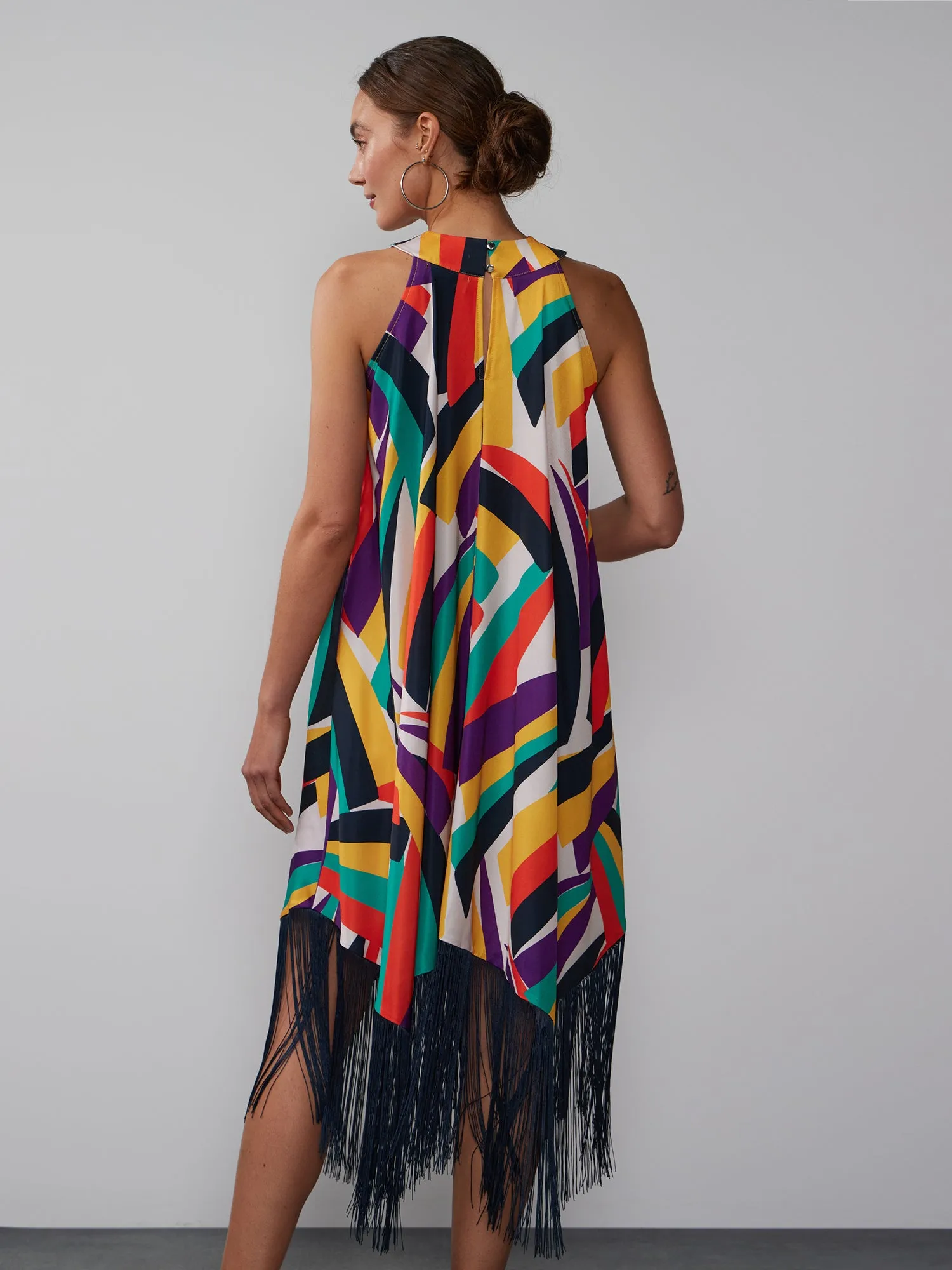 Geometric Print Fringe Hem Halter Dress