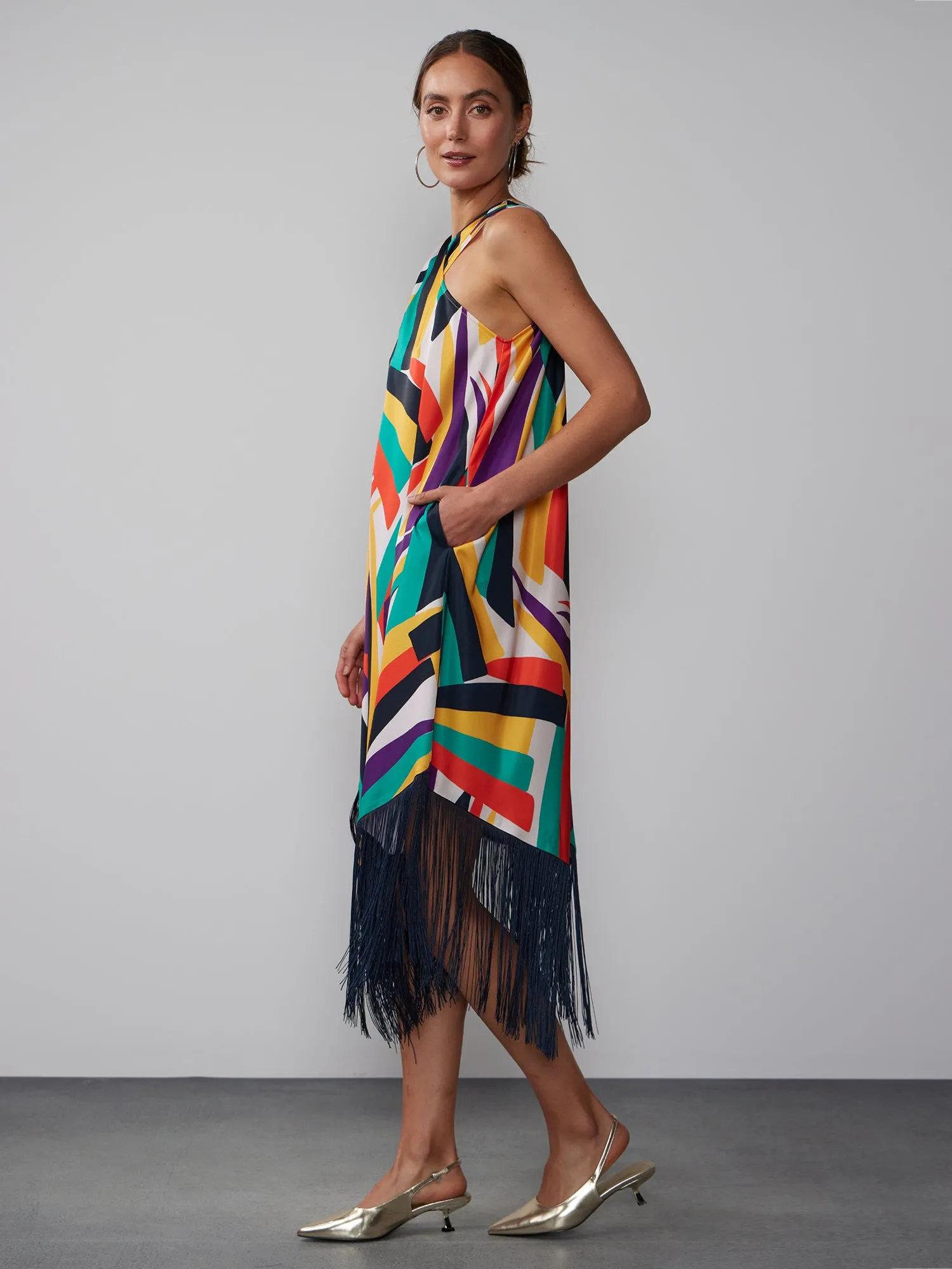 Geometric Print Fringe Hem Halter Dress