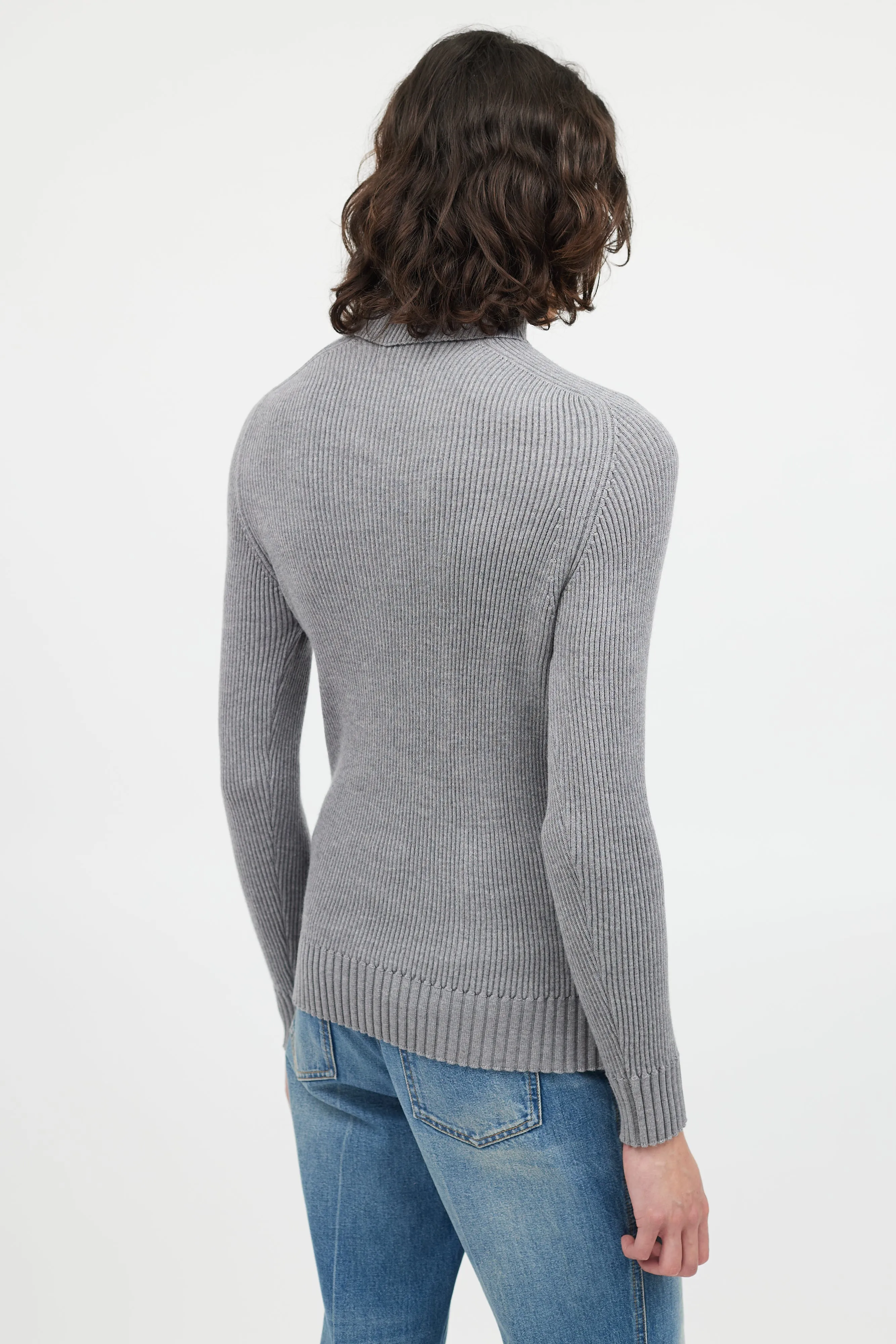 Grey Ribbed Wool Turtleneck Patch Sweater