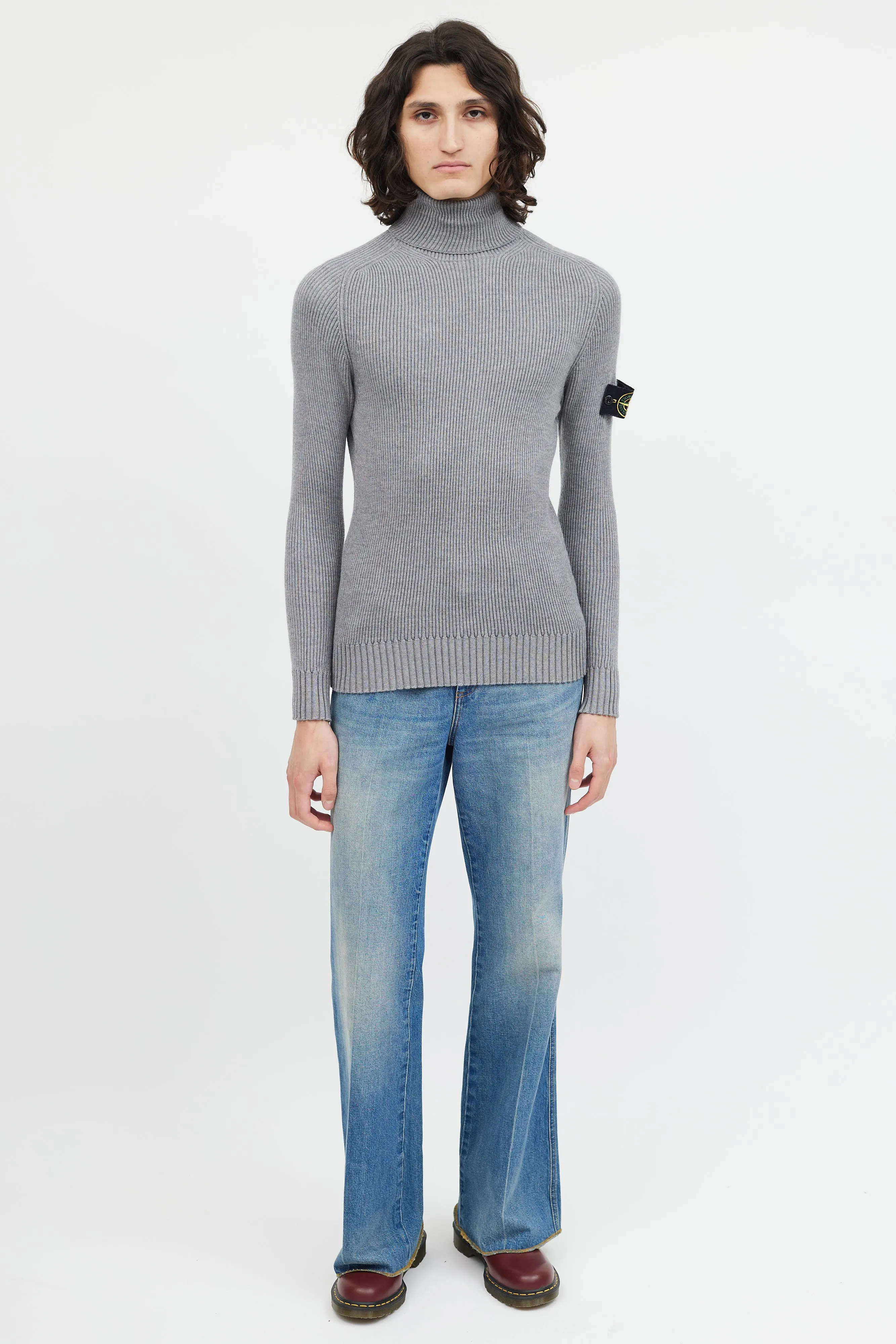 Grey Ribbed Wool Turtleneck Patch Sweater