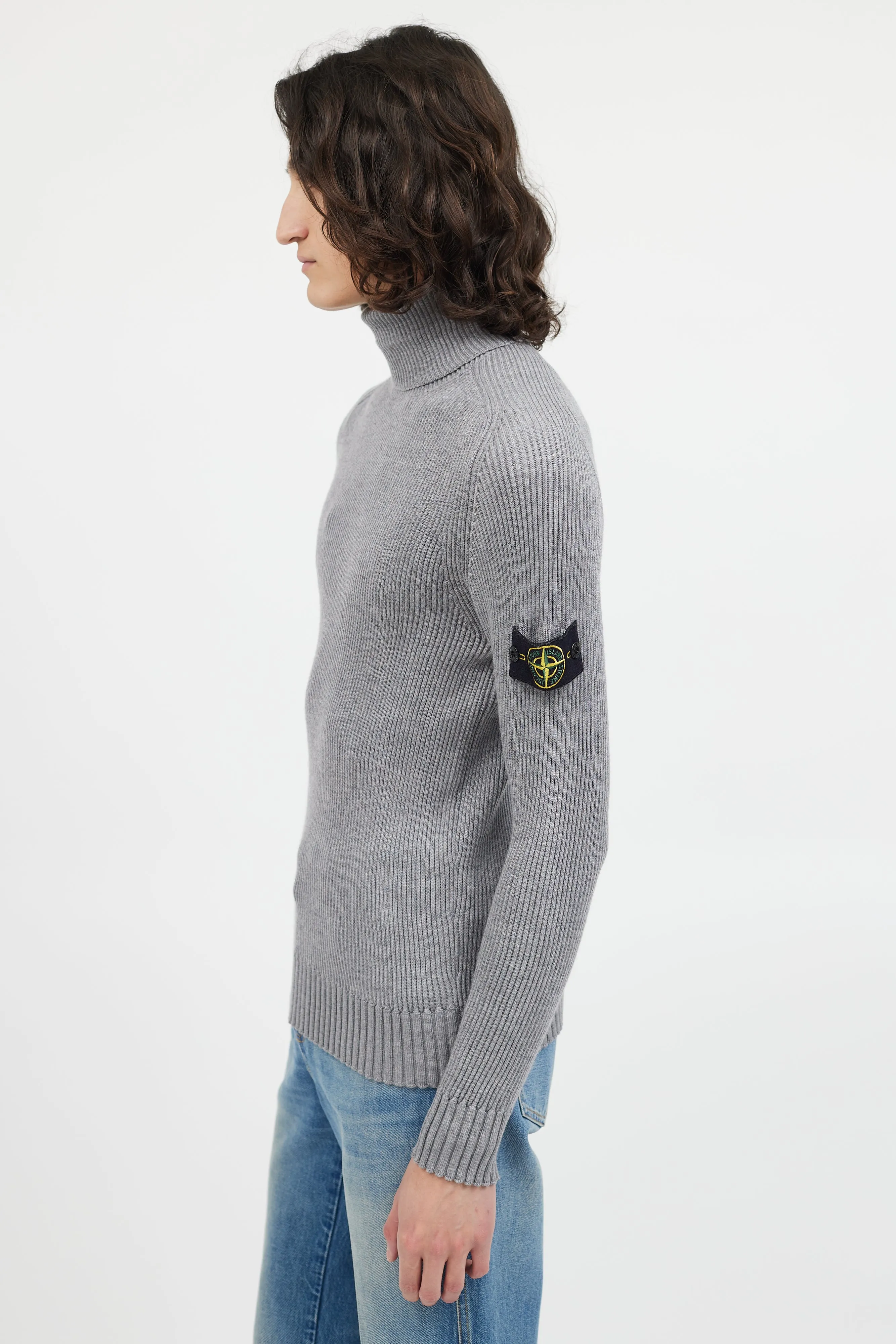 Grey Ribbed Wool Turtleneck Patch Sweater