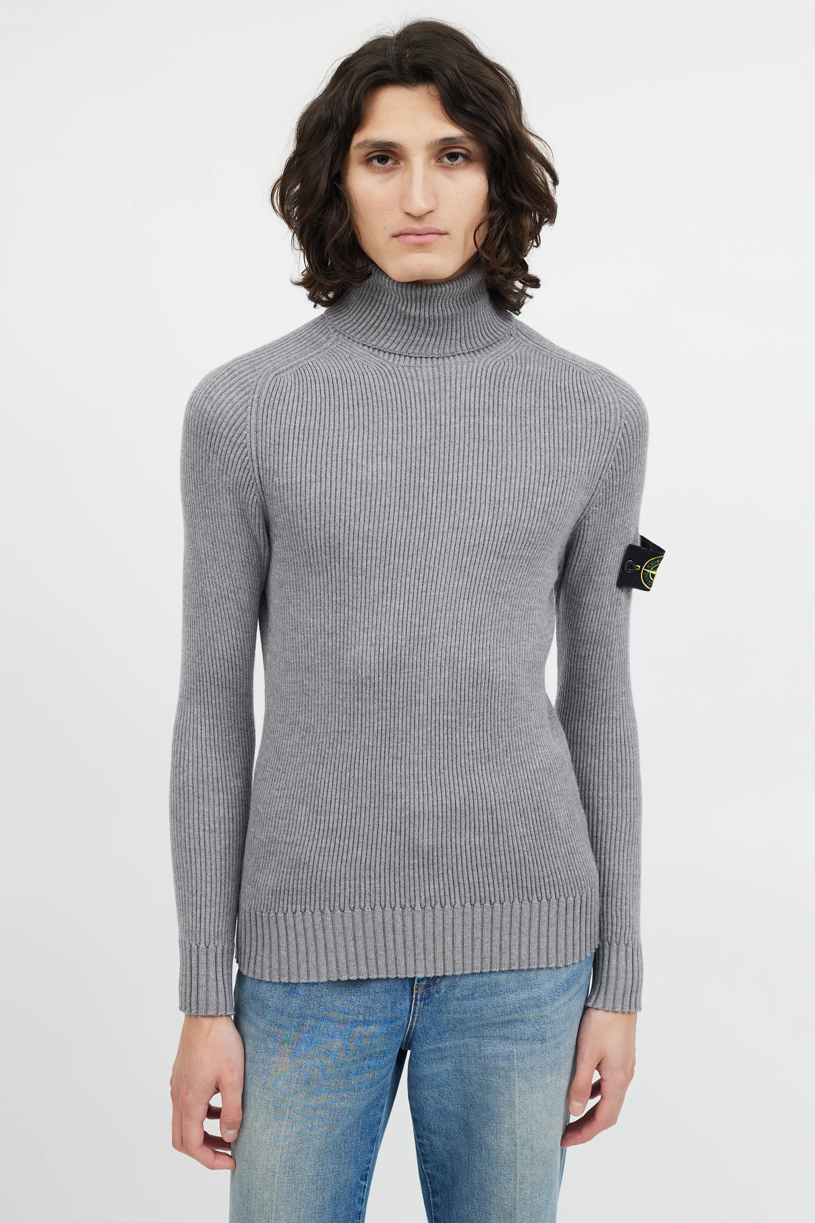 Grey Ribbed Wool Turtleneck Patch Sweater