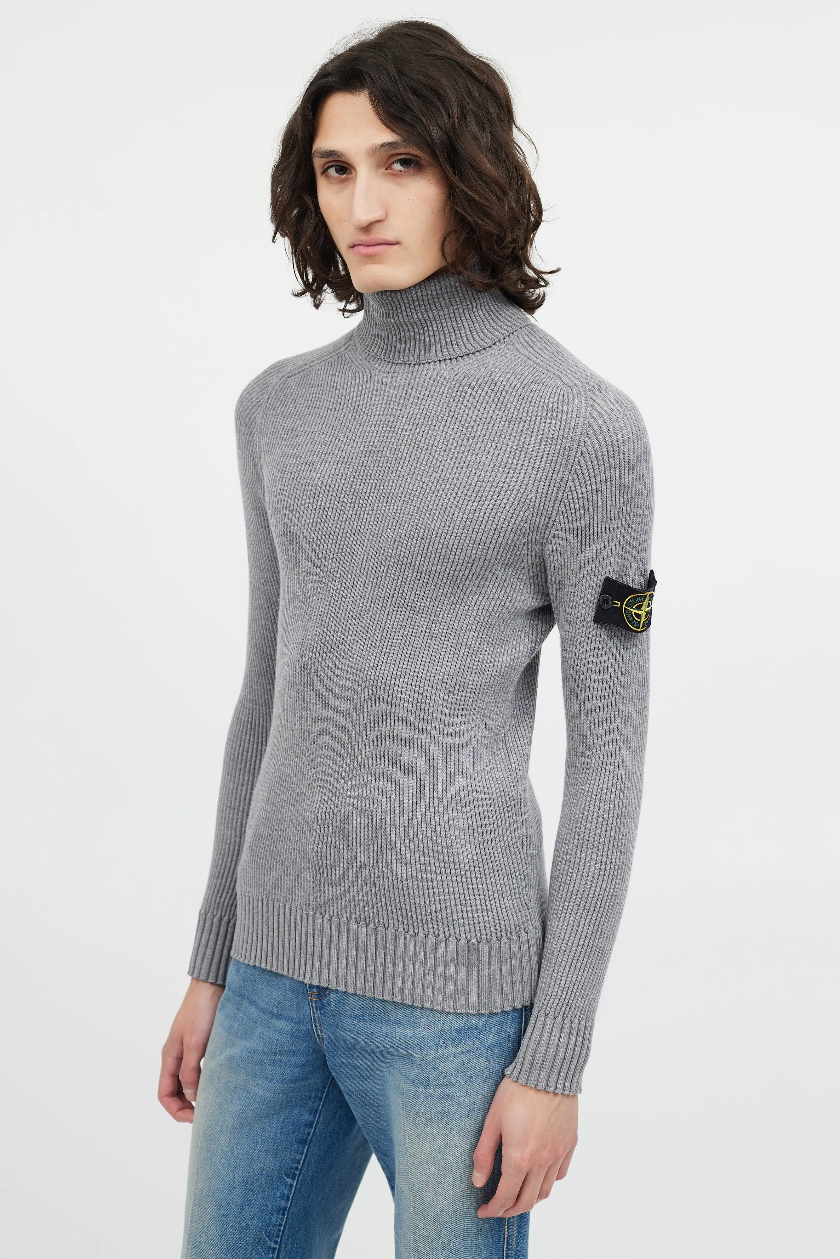 Grey Ribbed Wool Turtleneck Patch Sweater