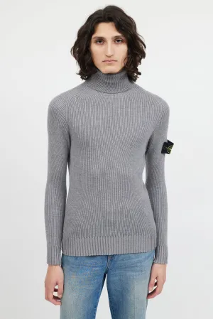 Grey Ribbed Wool Turtleneck Patch Sweater