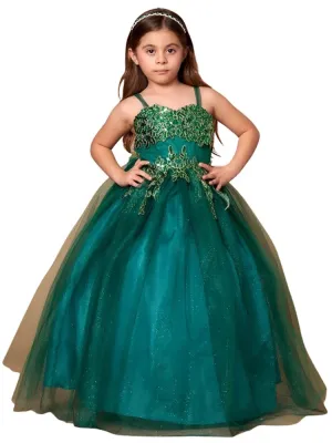 Little Girls Green Embroidered Sweetheart Neckline Flower Girl Dress 2-6