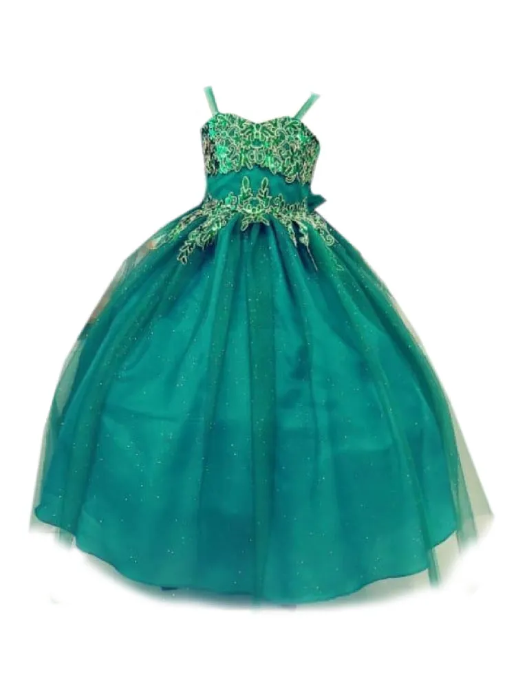 Little Girls Green Embroidered Sweetheart Neckline Flower Girl Dress 2-6