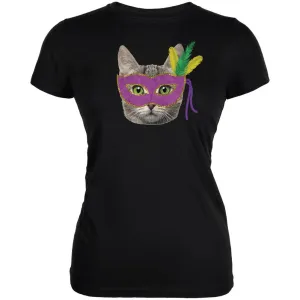 Mardi Gras Mask Funny Cat Black Juniors Soft T-Shirt