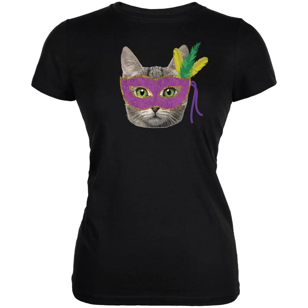 Mardi Gras Mask Funny Cat Black Juniors Soft T-Shirt