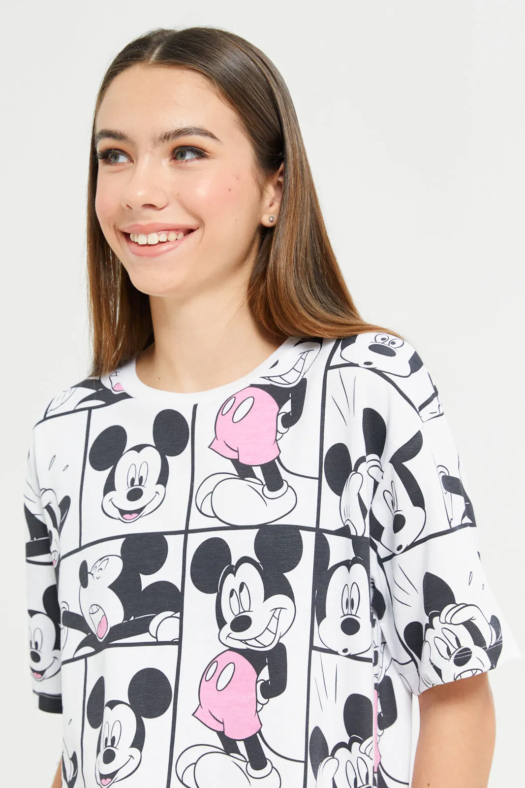 Senior Girls White Mickey Mouse Printed T-Shirt