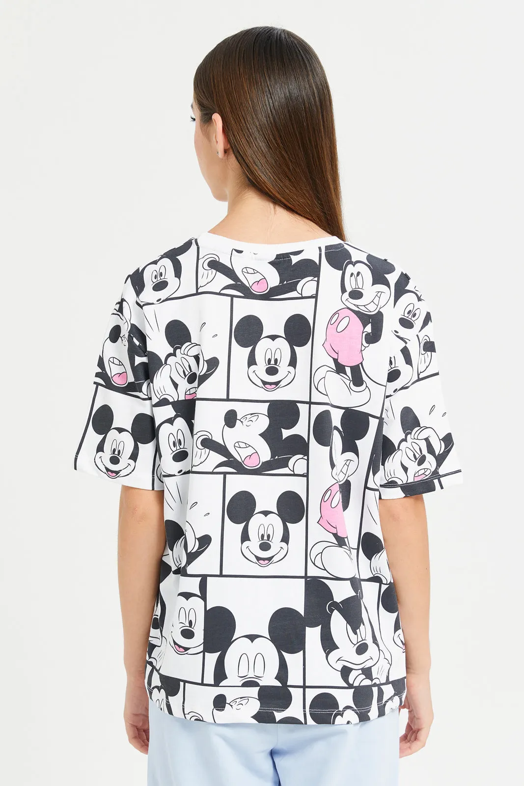 Senior Girls White Mickey Mouse Printed T-Shirt